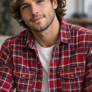 MODERN AMUSEMENT Men’s Flannel Shirt LARGE red plaid Sherpa lined jacket L